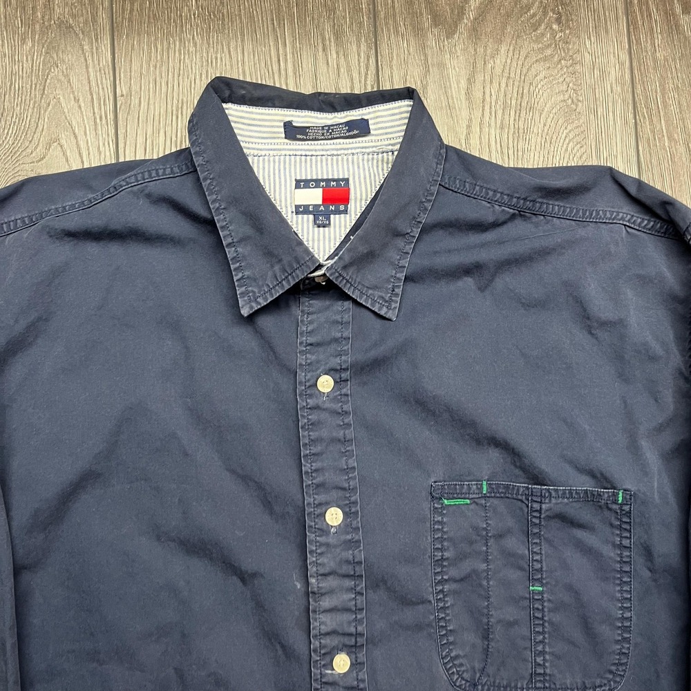 Vintage Tommy Hilfiger Solid Blue Navy Button Up Shirt Preppy XL Flag - Picture 2 of 9